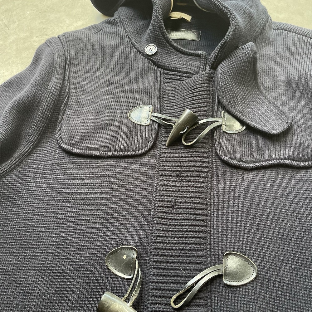 Burberry‎ Brit Merino Wool Knit Duffle Coat Navy Hooded Toggle Nova Check XL - Picture 8 of 10